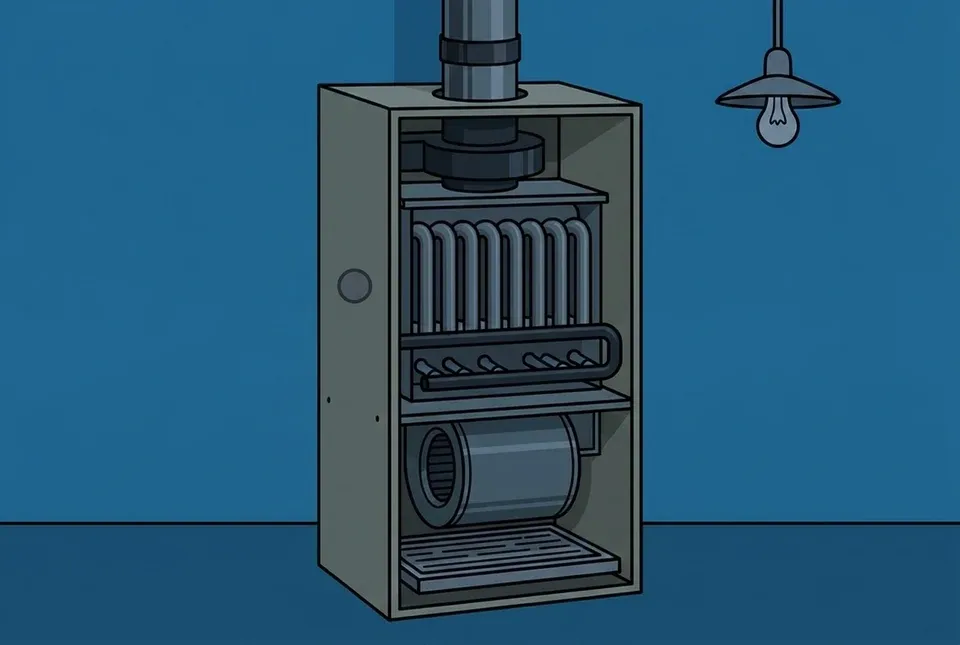 Flat illustration of a gas furnace cutaway with unlit burners and a dark indicator light, standing beneath an unlit ceiling pendant bulb against a plain blue wall