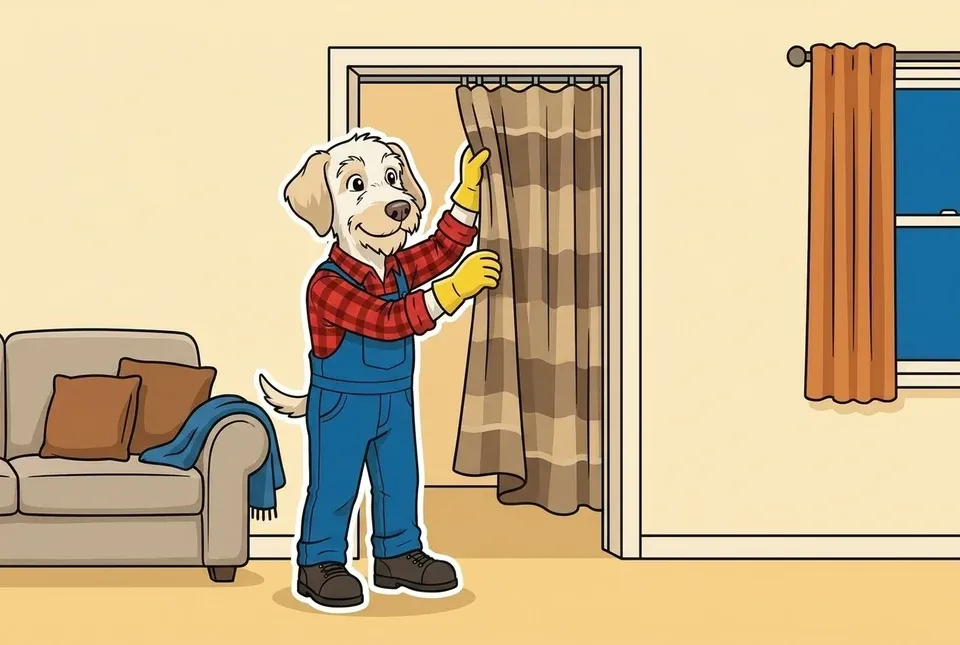 Flat illustration of a shaggy cream terrier in a red plaid shirt, blue overalls and yellow gloves hanging a thick blanket across a doorway in a living room