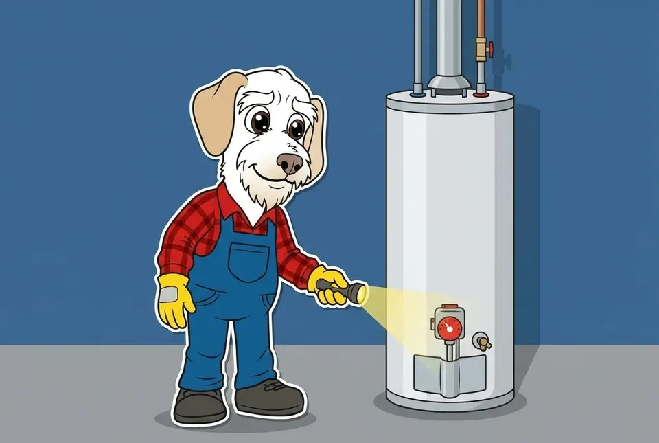 Illustration of Sonny in a basement shining a flashlight on the gas control valve at the base of a gas water heater