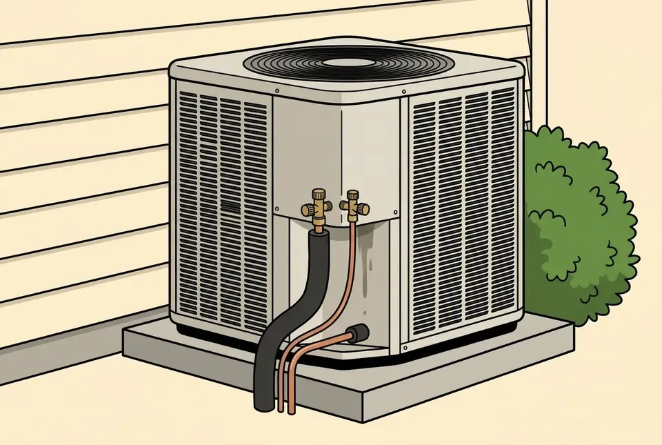 Illustration of an outdoor AC condenser beside a house, with an oily stain running down the cabinet below its brass service valves