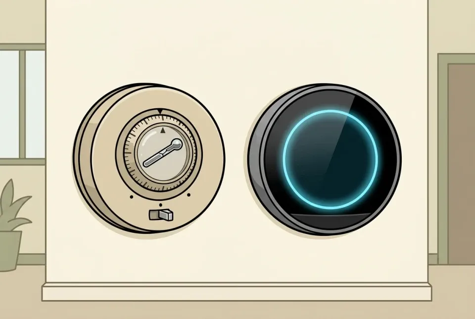 Illustration of an old dial thermostat beside a modern smart thermostat