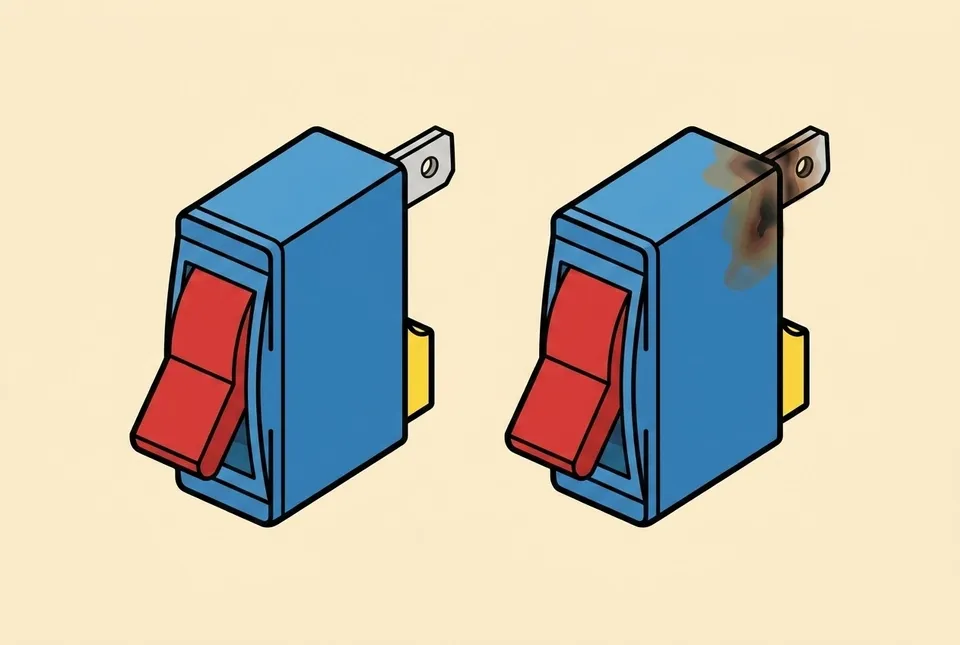 Illustration comparing a normal breaker with one showing a scorched, discolored stab contact from prolonged overheating