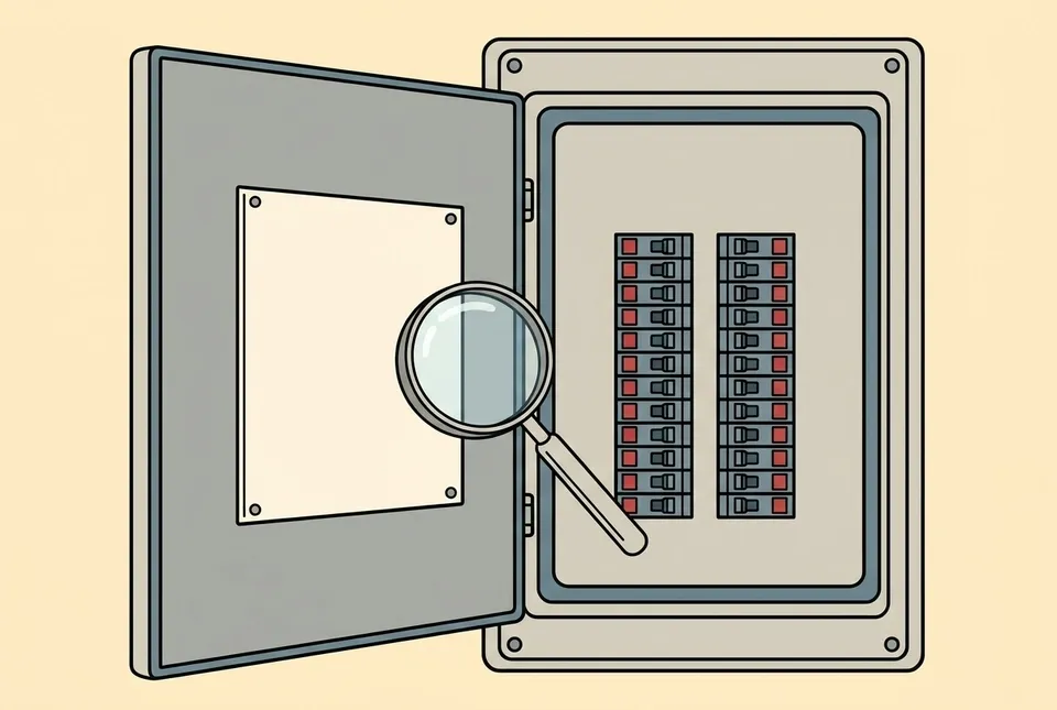 Illustration of an open electrical panel with a blank label plate and a magnifying glass over two rows of red breaker toggles