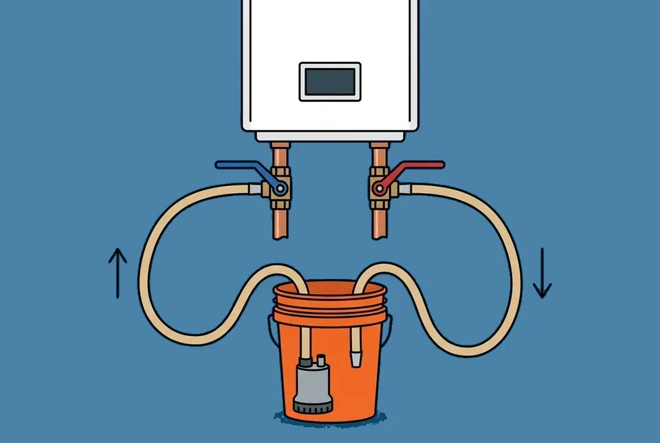 Flat illustration of a wall mounted tankless water heater with the unit switched off and a bucket, submersible pump and two hoses connected to its service valves in a closed loop