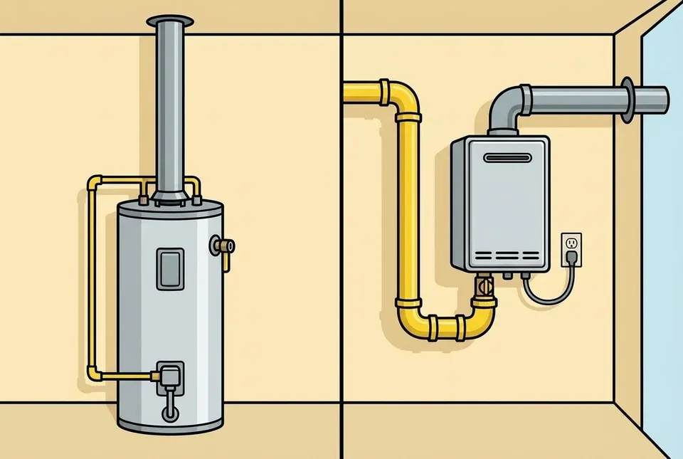 Flat illustration comparing a floor standing storage water heater fed by a thin gas pipe and vented straight up, with a wall mounted tankless unit fed by a much thicker gas pipe, vented sideways through the wall and plugged into an outlet