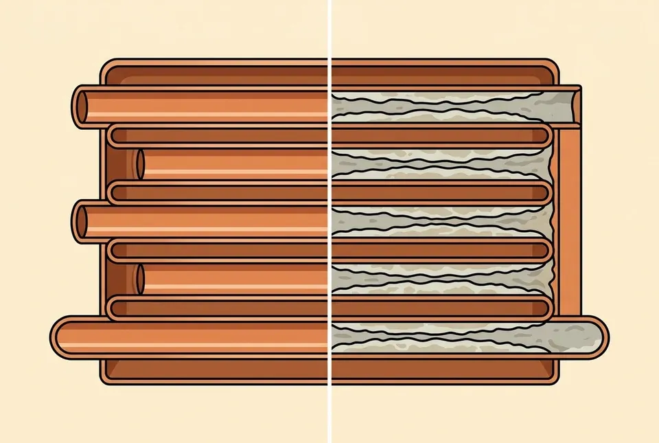 Cutaway style illustration of scale building up inside the narrow copper channels of a tankless heat exchanger, with clean channels on one side and mineral coated channels on the other