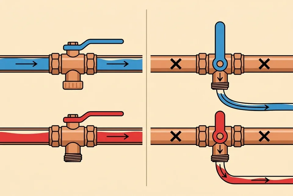 Two panel flat illustration of the same pair of tankless service valves, one blue handled and one red handled. On the left the handles lie along the pipes, the service ports are capped and flow continues straight through. On the right the handles are turned across the pipes, the caps are off, hoses are attached to the ports and the onward path is blocked