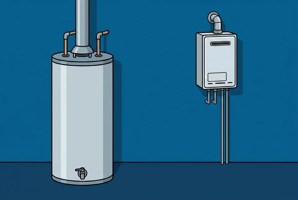 Flat illustration comparing a tall cylindrical storage water heater on the left with a small wall mounted tankless unit on the right, against a blue wall