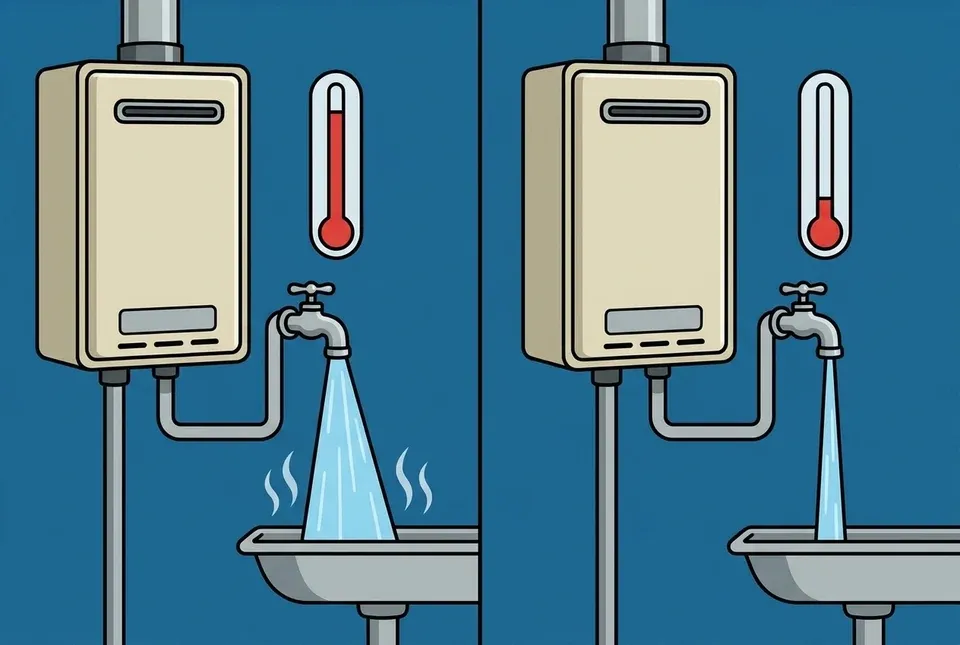 Flat illustration of the same tankless water heater twice, the left panel showing a wide stream of warm water and the right panel showing a much narrower stream, with a thermometer beside each reading warmer and colder incoming water