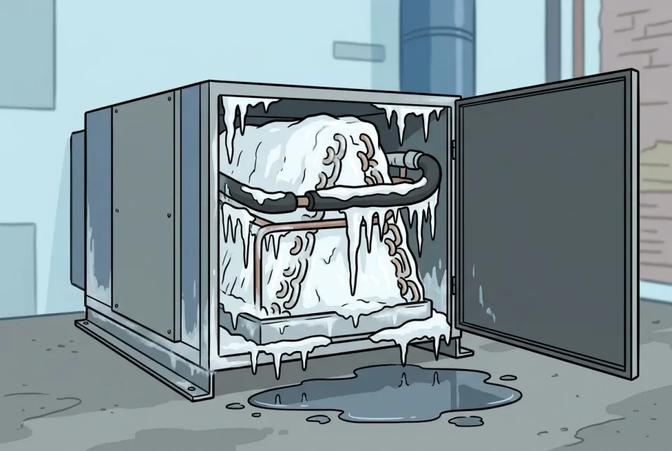 Illustration of an evaporator coil encased in ice inside an air handler