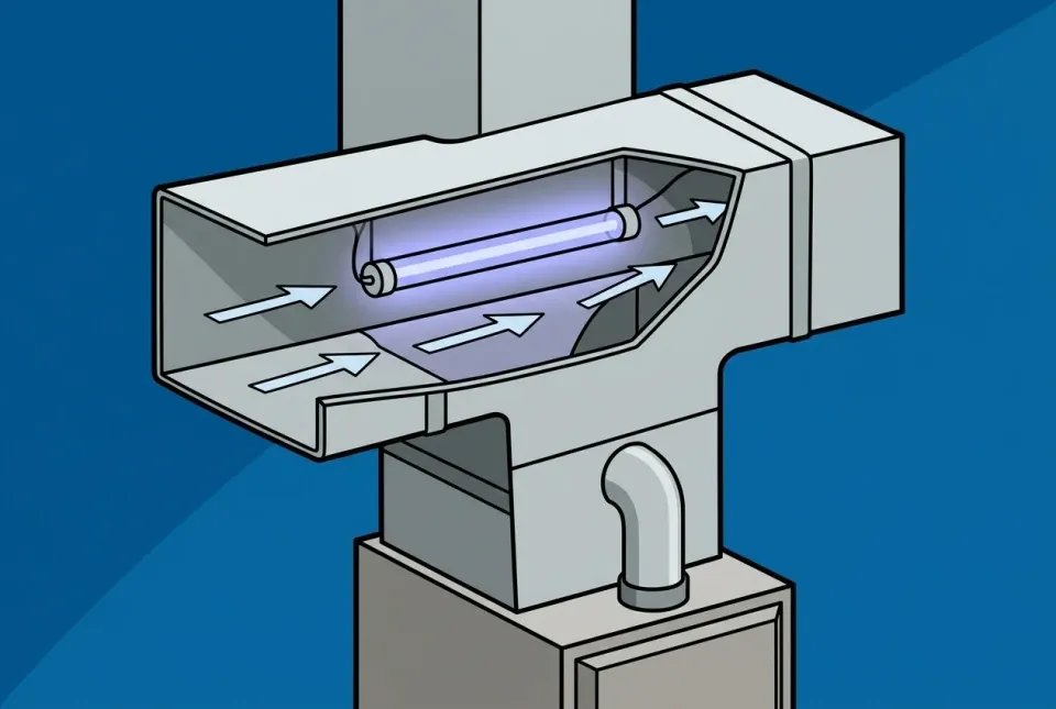 Illustration of a UV germicidal lamp glowing inside HVAC ductwork