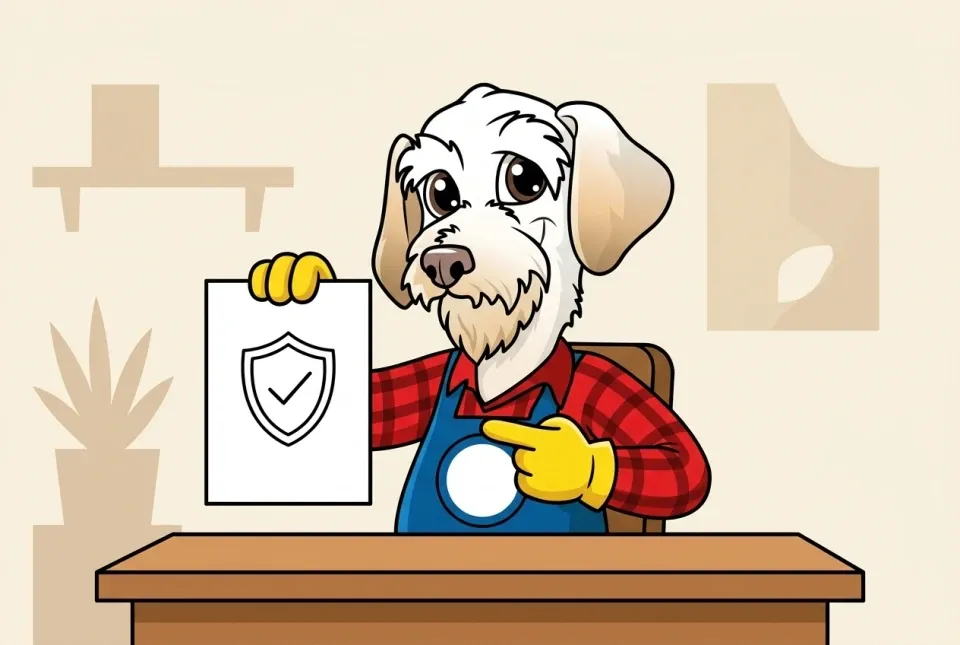 Illustration of Sonny holding up a warranty document with a shield symbol