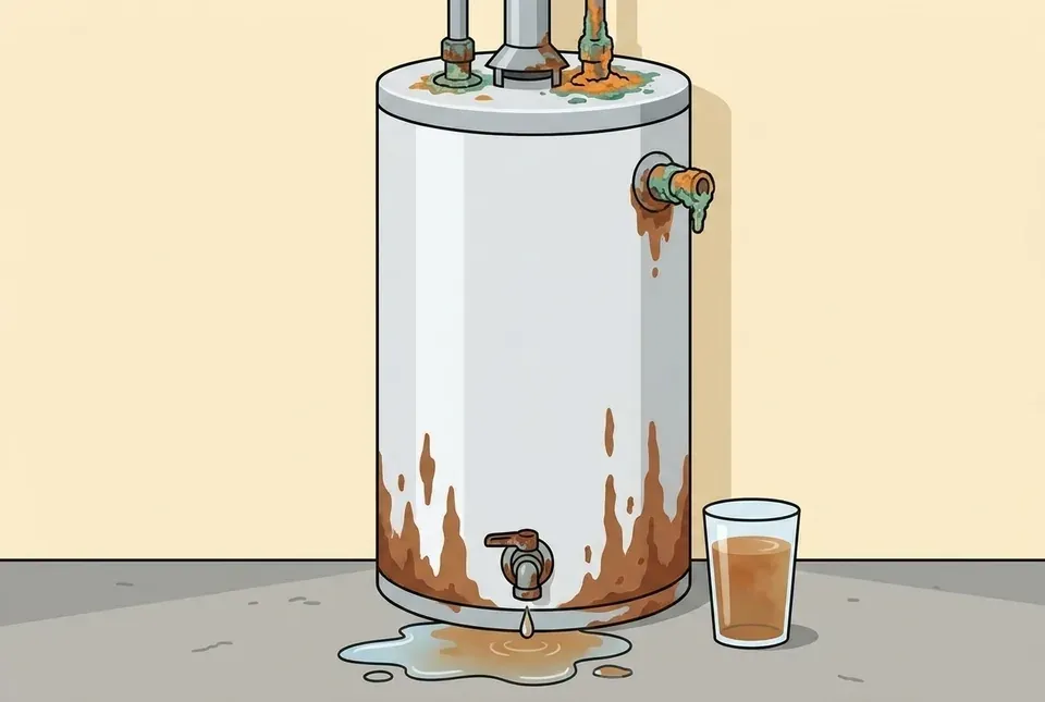 Illustration of an aging tank water heater with rust streaks, corroded fittings, a dripping drain valve and a glass of rust-brown water beside it