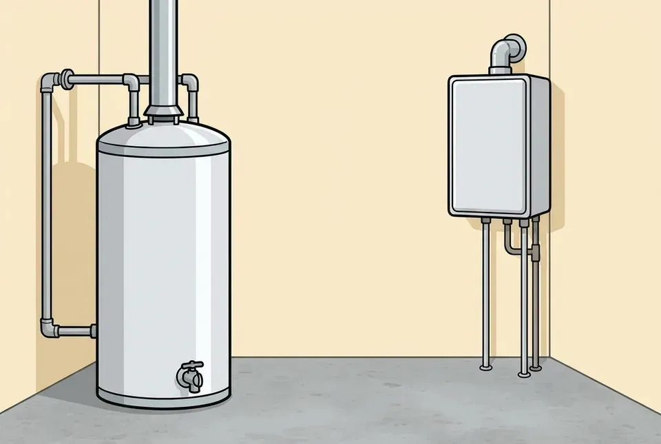 Illustration comparing a floor-standing tank water heater with a wall-mounted tankless unit in a basement