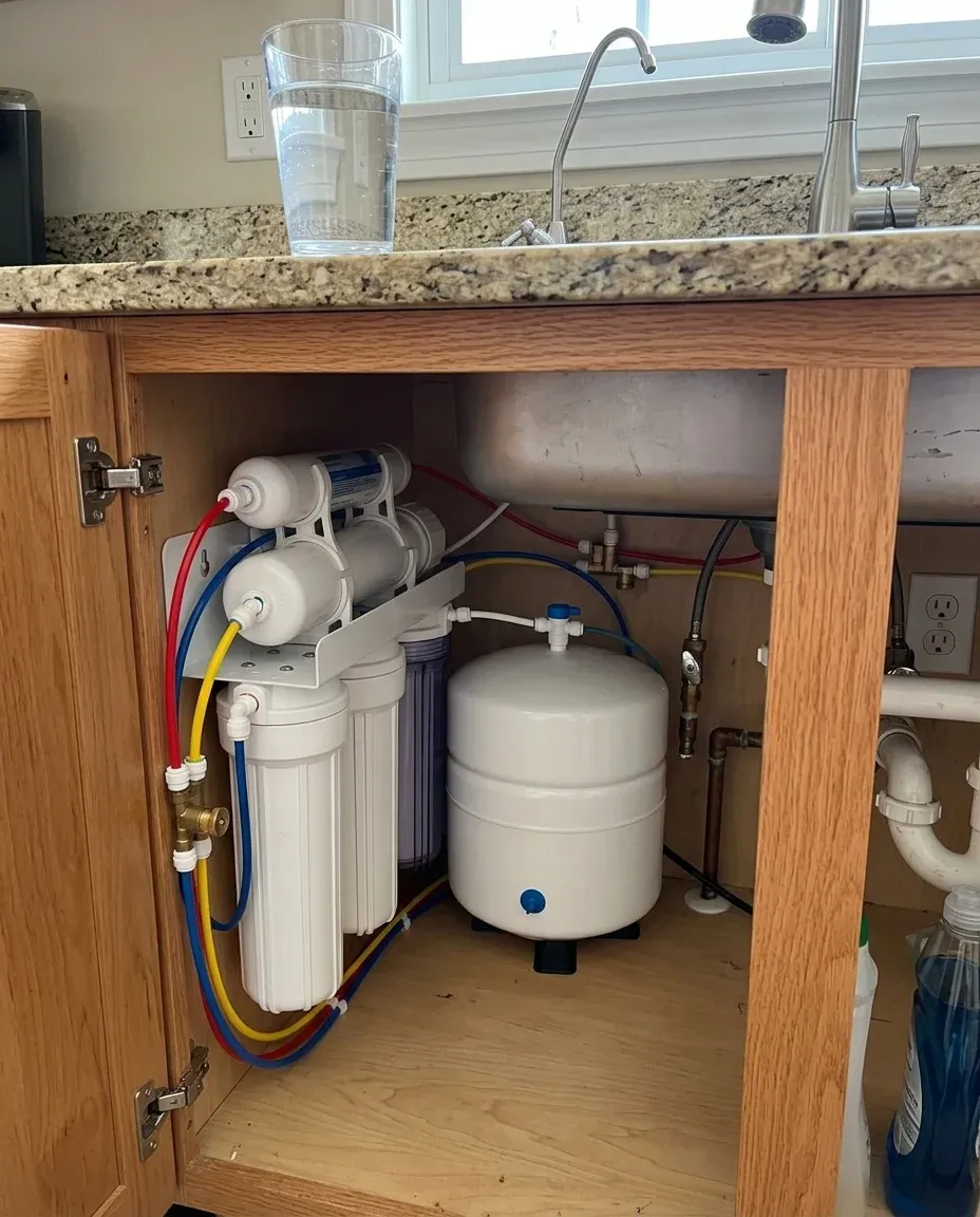 An under-sink reverse osmosis water filtration system with a glass of clean water