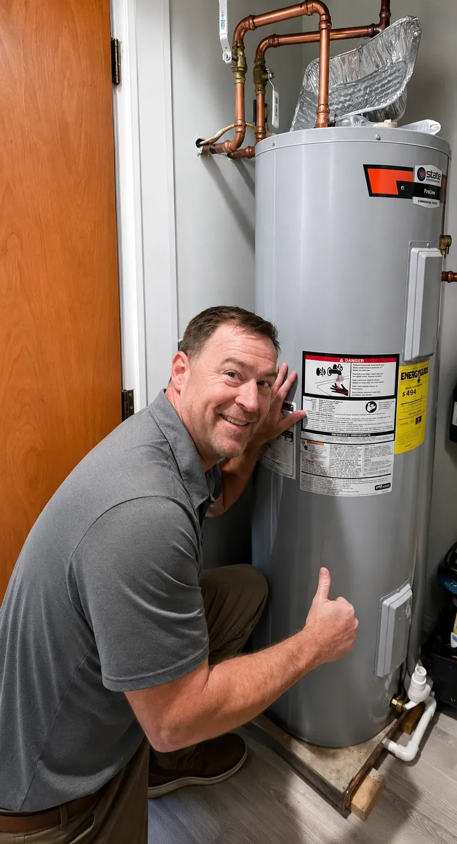 A Leonard Splaine technician with a freshly installed water heater