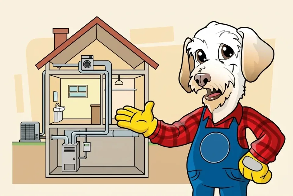 Illustration of Sonny explaining a cutaway house with a full HVAC system
