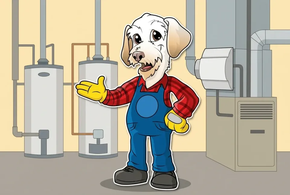 Illustration of Sonny presenting a whole-house humidifier on a furnace