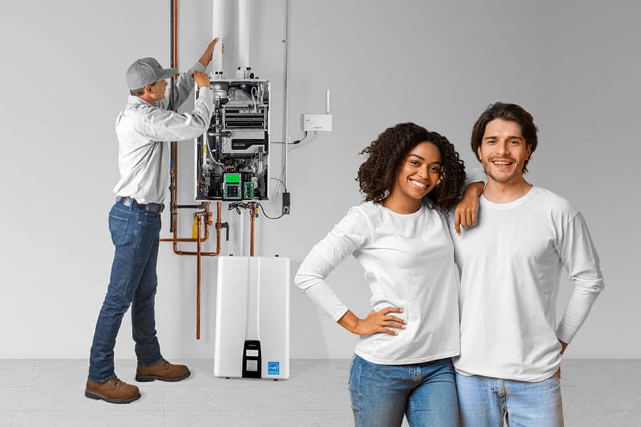 Couple in their home with a Navien tankless water heater being installed in the background