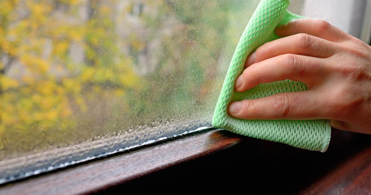 Person wiping condensation from a window sill