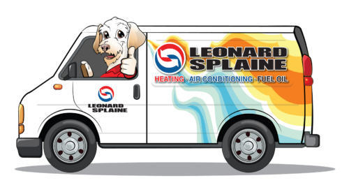 Sonny the HVAC dog driving the Leonard Splaine van