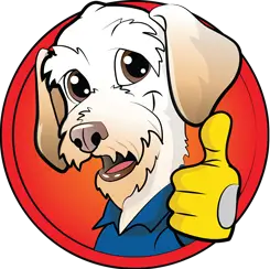 Dog mascot giving a confident thumbs up