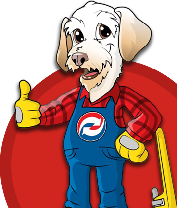 Friendly dog mascot wearing overalls gives thumbs-up for home services.