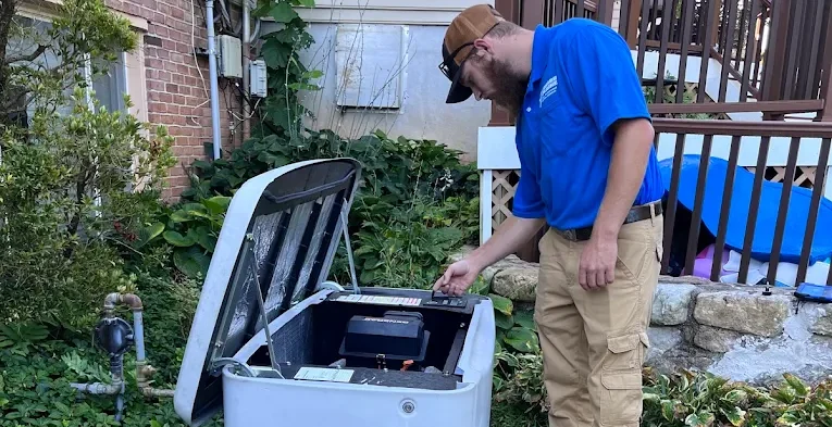 Technician performing maintenance on an outdoor residential backup power generator.