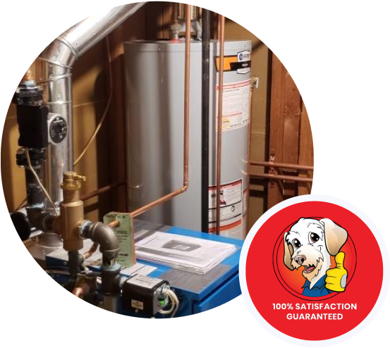 Traditional water heater and boiler system with 100% satisfaction guarantee badge.