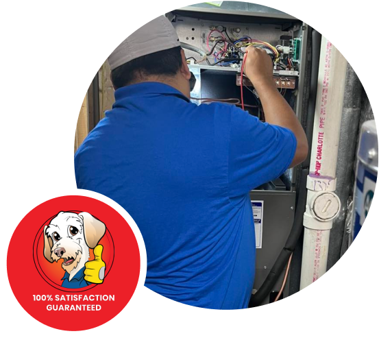 Residential water heater and boiler system with 100% satisfaction guarantee badge.