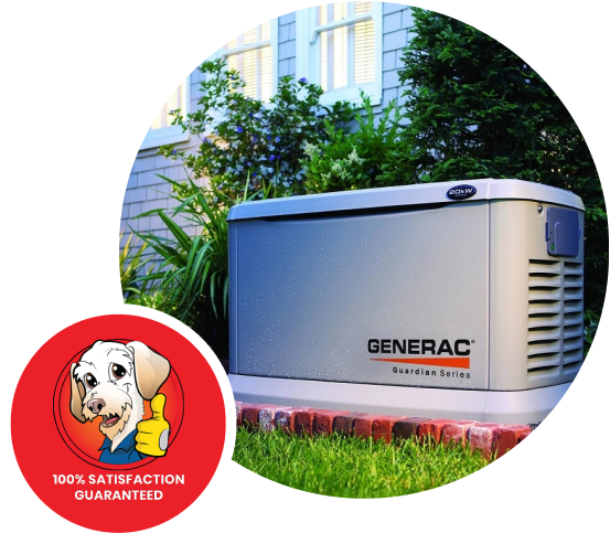 Generac Guardian Series home standby generator with 100% satisfaction guarantee badge.
