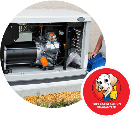 Open home standby generator engine with 100% satisfaction guarantee badge.