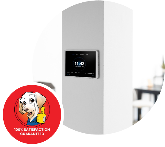 Wall-mounted digital thermostat with 100% satisfaction guaranteed badge.