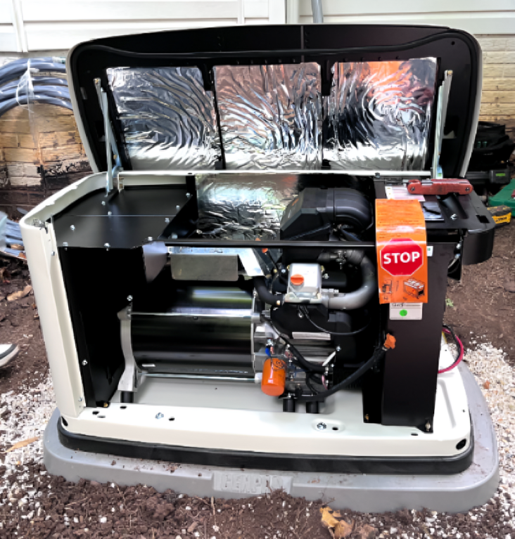 Close-up of the engine inside a newly installed home standby generator.