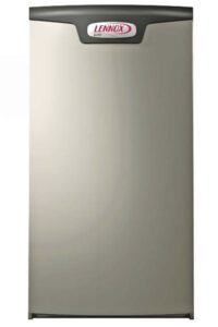 Close-up of a Lennox Elite Series gas furnace with beige metal casing.