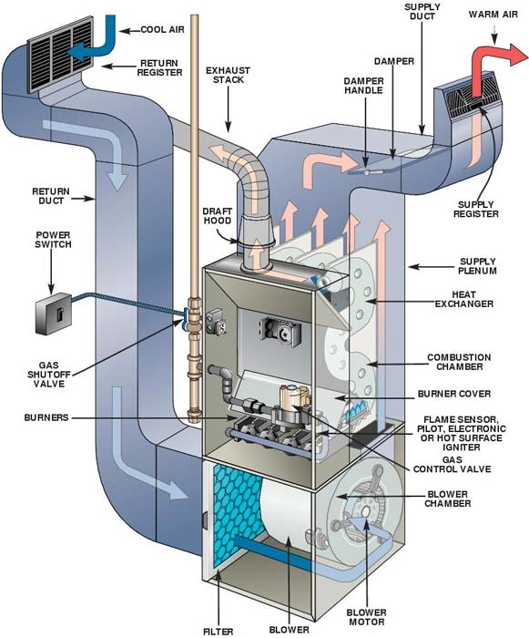 Diagram of a gas furnace showing the heat exchanger, combustion chamber, and air flow.